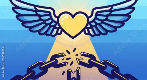 Breaking free from emotional bondage with heart and wings symbolizing liberation and freedom
