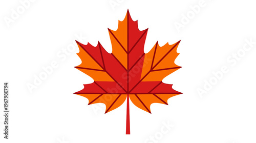 Stylized Red and Orange Maple Leaf Illustration, Minimalist Autumn Leaf Vector Icon Isolated on White Background