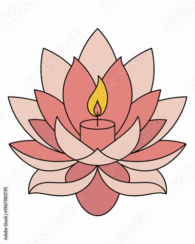 Minimalist lotus flower illustration with a glowing candle flame in the center, soft pastel pink botanical graphic design for spiritual meditation, yoga studio branding, zen wellness and relaxation co