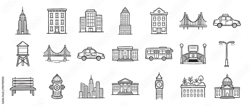Fototapeta premium Collection of hand-drawn city elements, including buildings, vehicles, and street furniture, in a simple black and white outline style