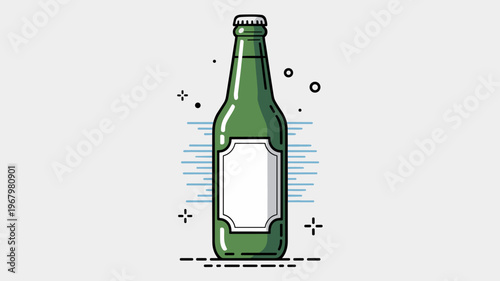Minimalist green glass beer bottle vector illustration featuring a blank white label for custom branding design on a modern light gray background for beverage industry advertising and culinary project