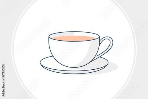 Minimalist teacup with tea resting on a saucer in a simple flat vector illustration style, ideal for cafe branding, beverage menu designs, breakfast imagery, cozy morning relaxation, or food industry 