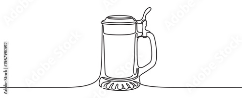 Traditional German beer stein with a hinged lid is depicted in a continuous line art drawing style
