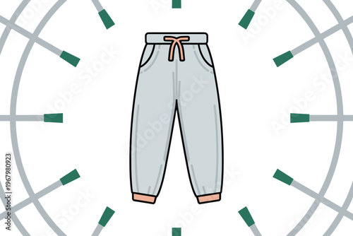 Minimalist flat vector icon of light gray cotton sweatpants featuring a drawstring waistband and cuffed ankles isolated on a white background, representing comfortable loungewear, leisure gym clothing