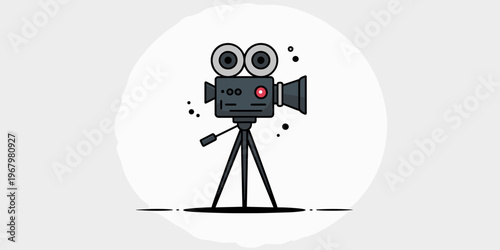 A vector flat illustration of a vintage professional cinema film camera mounted on a sturdy tripod for movie production, filmmaking, media broadcast project, digital content creation, art studio and c