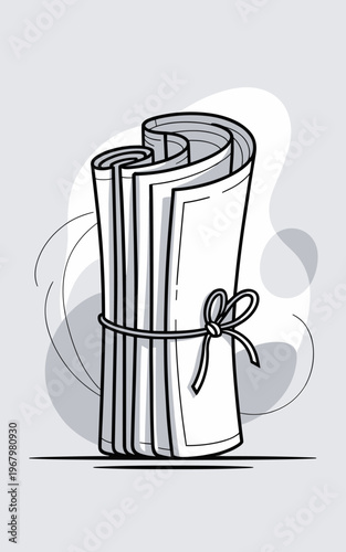 Minimalist vector illustration of rolled scrolls featuring tied parchment or paper files, elegant document bundle design for formal business, office administration, educational research, and creative 
