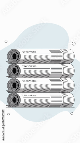 A stack of four rolled daily newspapers featuring a clean vector flat illustration design for journalism media concept representing press publication news delivery communication distribution info indu