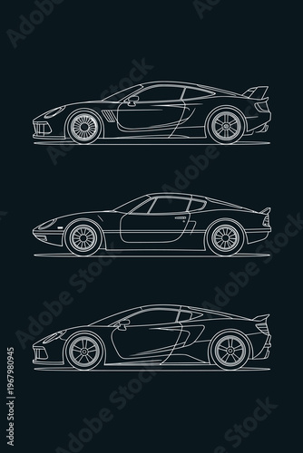 Conceptual outline of three distinct modern sports car silhouettes presented as clean minimalist white line art on a deep dark blue background for automotive design, engineering, engineering, and hobb