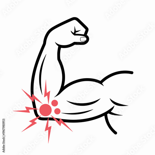 A minimalist graphic illustration conceptualizing elbow pain, joint inflammation, or physical injury in a muscular human arm, depicted with red focus dots and lightning bolt symbols indicating sharp a