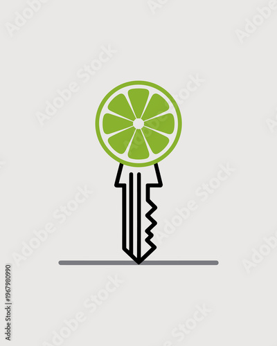 Creative lime citrus fruit combined with metal key handle icon isolated on light grey background for minimalist graphic design, representing unlocking fresh zest, health solutions, lifestyle nutrition