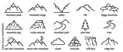 Collection of black outline nature landscape icons including mountains, valleys, rivers, and trees, presented in a simple, clean style