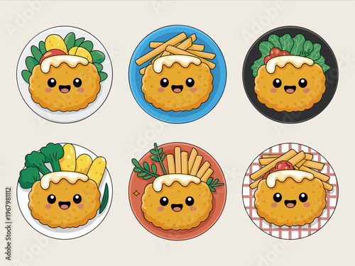 Set of cute cartoon food characters featuring crispy breaded cutlets on plates with sides like french fries, vegetables, and salad, vibrant colorful digital illustration for menu design and kids brand