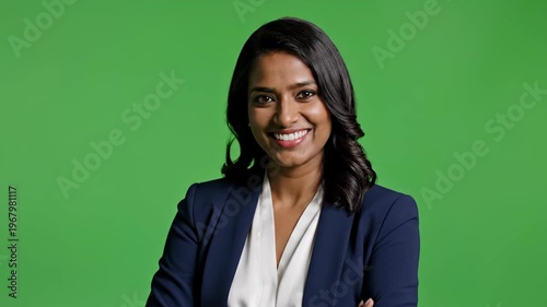 Confident Businesswoman Smiling Against Green Screen Background