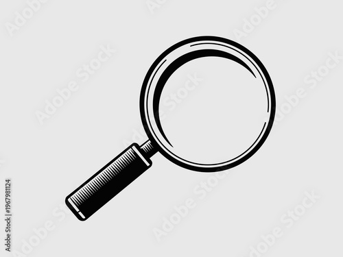 Black and white magnifying glass icon isolated on neutral grey background featuring a classic lens for searching data, forensic investigation, scientific observation, education research and web ui int