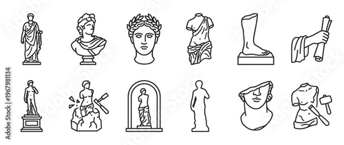 Collection of various ancient Greek and Roman sculpture icons, depicting busts, full figures, and fragments in a clean line art style