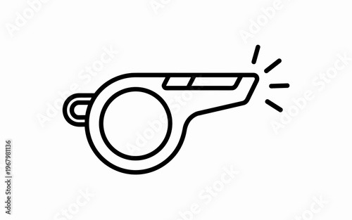 Minimalist vector illustration of a referee whistle icon representing sports coaching instruction, game officiating, safety alert signaling, and emergency communication for athletics training or indus