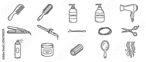 Collection of hand-drawn black and white line art icons representing various hair care tools and products