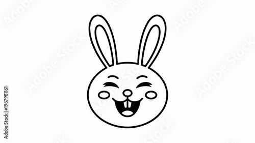 A cute cartoon rabbit head emoji with a joyful laughing expression featuring wide ears and cheerful blushing cheeks isolated on a white background for sticker designs, social media icons, and kids gra