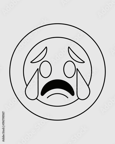 Sad crying emoji line art illustration depicting a distraught face with tearful eyes and downturned mouth, isolated graphic icon for expressive digital communication, social media reaction or emotiona