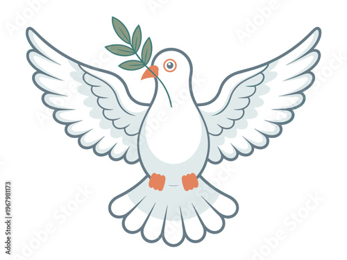 Minimalist white dove of peace holding an olive branch vector icon isolated on a clean background, artistic bird illustration representing freedom, harmony, hope, love, diplomacy and global unity conc