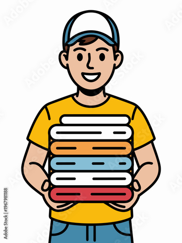 Young man in yellow shirt and cap holding a tidy stack of folded laundry, laundry service professional character illustration, chore concept person carrying organized clean clothing, domestic housewor
