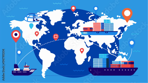 Global logistics shipping concept with world map cargo ships containers and international delivery routes in flat modern design