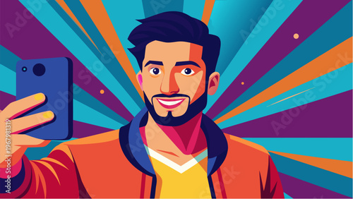 Man taking selfie with smartphone smiling portrait in colorful modern style representing social media communication and digital lifestyle