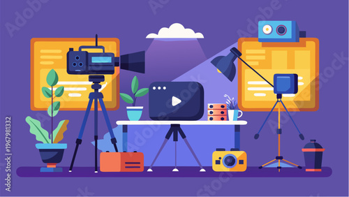Video production studio setup with cameras lighting equipment and workspace representing content creation filmmaking and media production process