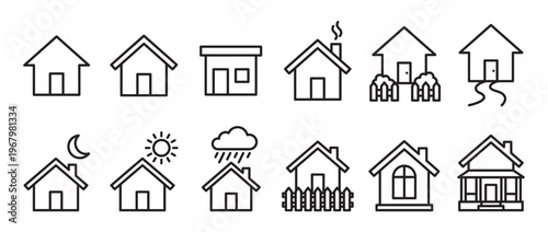 Diverse collection of simple black outline house icons representing various home styles and weather conditions
