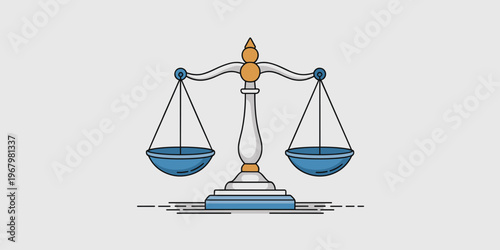 A balanced scale of justice icon symbolizing law and order, legal system proceedings, courtroom verdict decisions, ethical fairness, impartial judgment, dispute resolution concepts in an elegant vecto