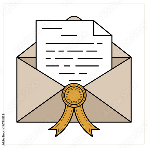 An icon of a formal open envelope holding a document sealed with an ornate gold wax stamp and decorative ribbon, symbolizing official announcement, legal certification, luxury invitation, or verified 