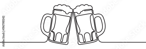 Two continuous line art beer mugs with foamy tops are clinking together, symbolizing celebration and friendship