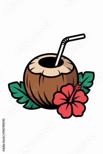 A refreshing tropical coconut drink featuring a white straw served with hibiscus flower and green foliage for summer vacation vibes seaside refreshment party beverage theme vector illustration isolate