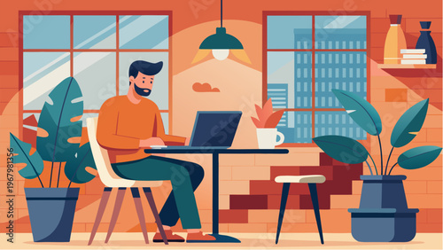 Man working on laptop at home office with plants and window view representing remote work freelance lifestyle productivity and modern workspace