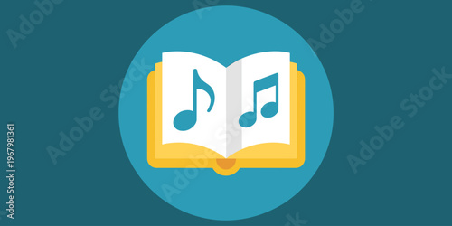 Open book illustrated icon depicting musical notes on pages as a symbol of education, theory, and artistic learning in a flat graphic design style for creative media projects, music schools, and libra
