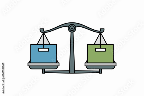 A perfectly balanced weighing scale featuring a blue and a green box representing fair comparison, equality, economic stability, decision making, choice, business logic, neutral judgment and impartial