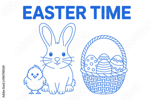 Easter Time outline drawing featuring a cute fluffy baby chick sitting beside a friendly bunny rabbit and a wicker basket filled with patterned festive eggs for holiday season celebration craft print 