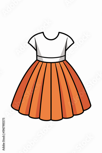 Minimalist digital illustration of a cute children casual dress with a white short sleeve bodice and a vibrant orange pleated skirt, ideal for retail clothing catalogs, fashion design, and kids appare