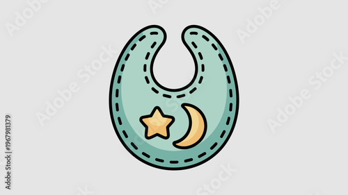 Cute light blue infant feeding bib featuring a small yellow star and a crescent moon icon, isolated on a clean white background, representing soft baby clothing, nursery essentials and newborn care de