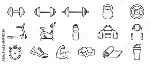 Collection of hand-drawn fitness and gym equipment icons, including weights, cardio machines, and accessories, rendered in a simple black outline style