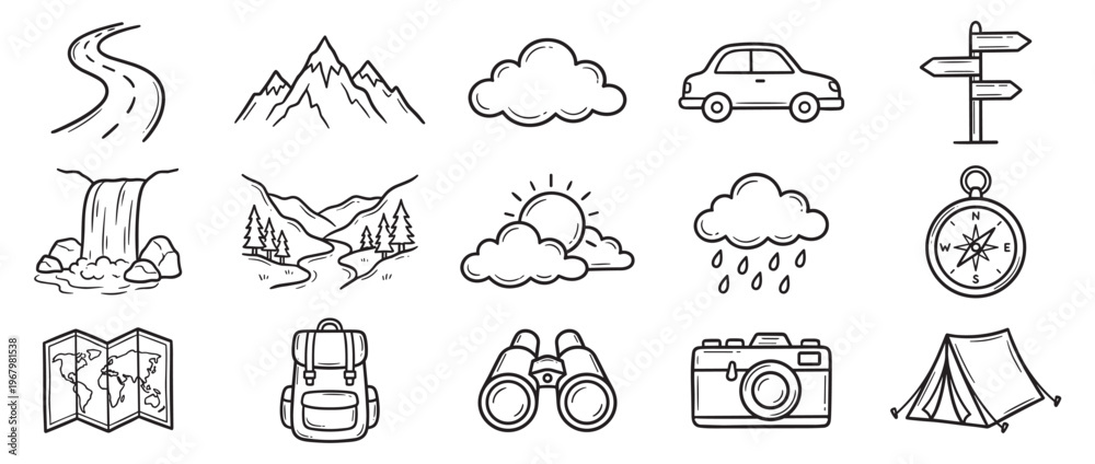 Obraz premium Collection of hand-drawn doodle icons representing various travel, nature, and adventure elements in a simple, outlined style