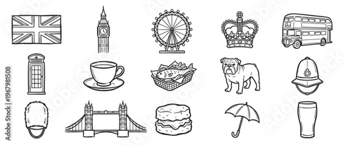 Collection of hand-drawn black and white icons representing various British cultural symbols and landmarks, depicted in a clean, illustrative style