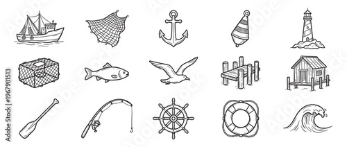 Collection of hand-drawn nautical and fishing themed elements, including a boat, anchor, lighthouse, and fishing gear, presented in a clean, illustrative style