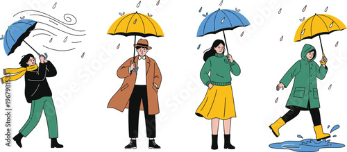 Diverse People Walking in Rain and Windstorm Vector Set Featuring Characters with Umbrellas Wearing Seasonal Coats and Rain Gear for Weather and Climate Designs