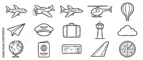 Collection of hand-drawn aviation and travel-related icons, including airplanes, a helicopter, hot air balloon, and passport, in a simple doodle style