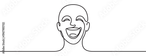 Continuous one line drawing of a happy laughing face with closed eyes and an open mouth, expressing joy