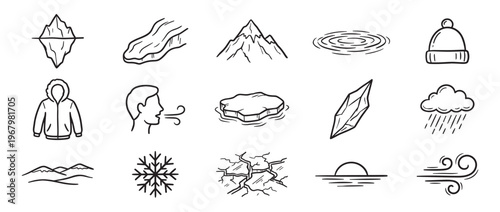 Collection of hand-drawn doodle icons representing various winter and cold weather elements, depicted in a simple black outline style