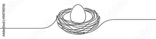 Single continuous line drawing of a bird's nest with one egg inside, illustrating simplicity and new beginnings