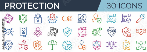 Comprehensive Collection of Line Icons for Digital Protection, Cybersecurity, and Data Privacy. Essential Symbols Representing Secure Networks, User Safety, and Information Integrity