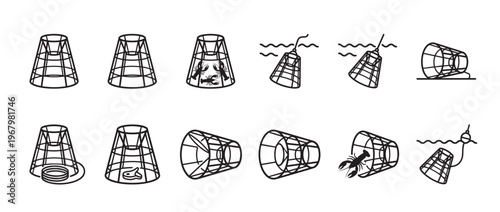 Collection of black outline fishing trap icons illustrates various stages of use, from empty to catching seafood